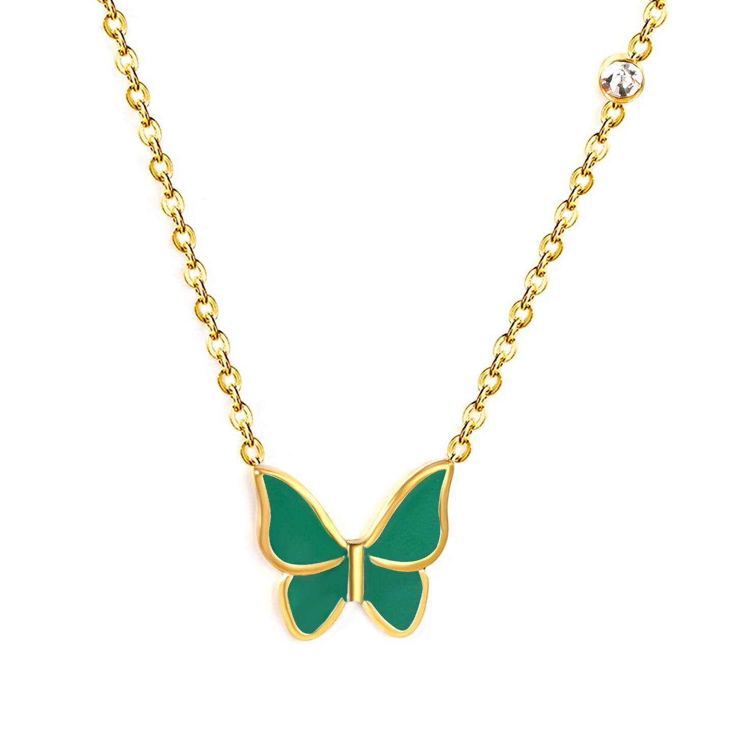 15.5*14mm butterfly with white/red/green/blue oil drop pendant + 3.5mm round white diamond necklace 43+5cm+6mm round tag Gold color
