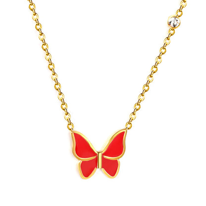 15.5*14mm butterfly with white/red/green/blue oil drop pendant + 3.5mm round white diamond necklace 43+5cm+6mm round tag Gold color