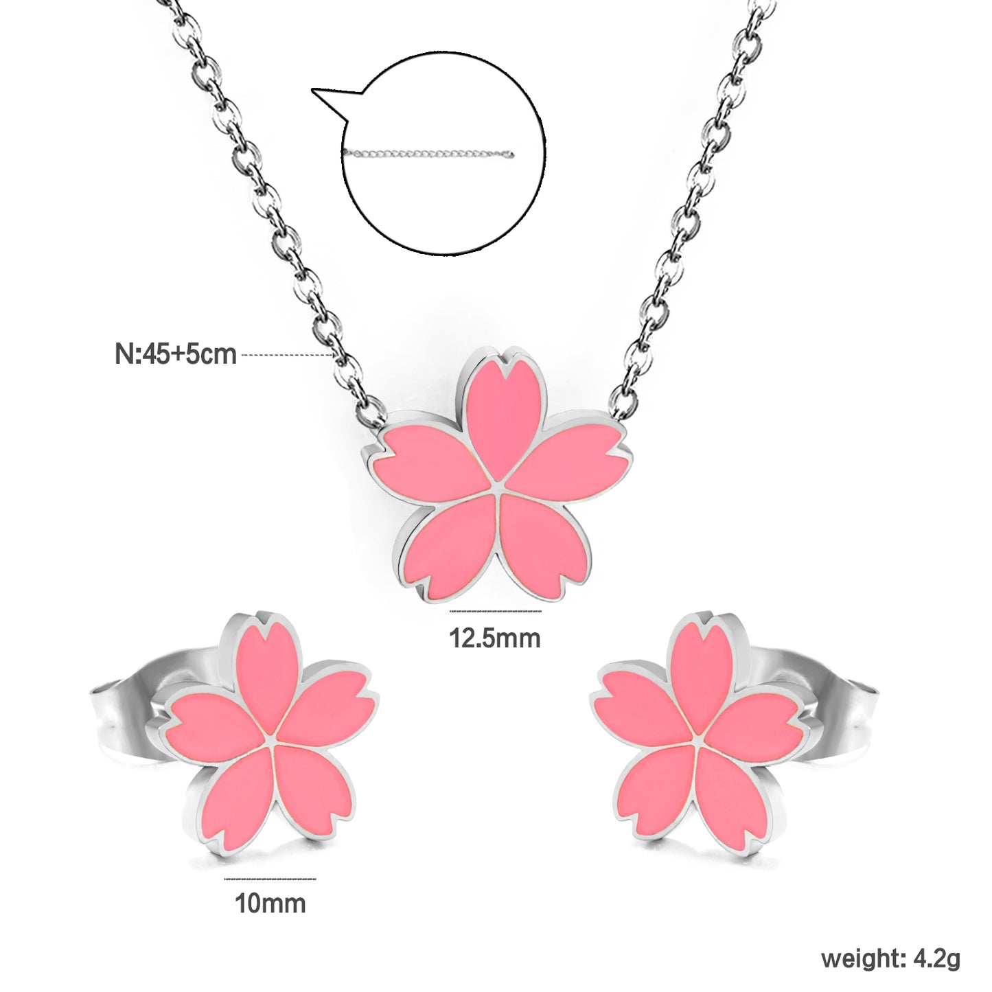 10mm Cherry Blossom Pink Enamel Stud Earrings + 12.5mm Pendant Set - 0.3mm Cross Chain (45+5cm) & 6mm Tag - Stainless Steel Wholesale Jewelry