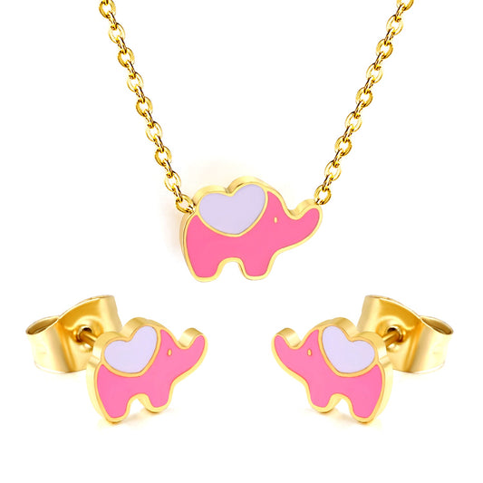 8.6*6.4mm small elephant with pink oil drop earrings +12.2*9mm pendant set cross 0.3mm*45+5cm+6mm round plate Gold color