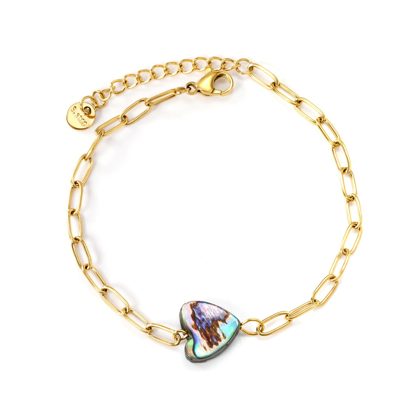 12.2*11.5mm Heart Shaped Abalone Shell Bracelet 0.8mm*17+3cm+6mm Round Plaque GOLDEN