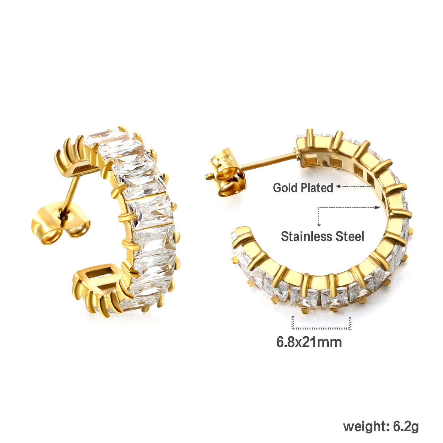 C-Shape with Two Catch Baguette White&Purple&Green&Mixed Diamond Stud Earrings 6.8*21mm