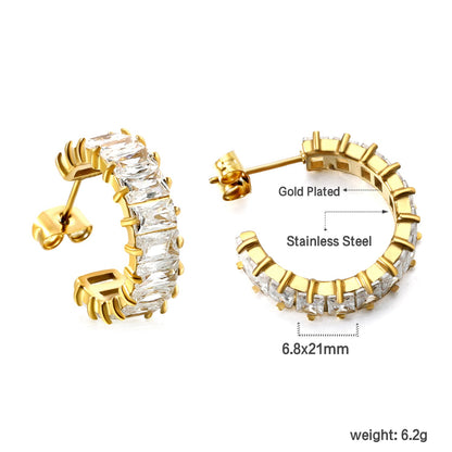 C-Shape with Two Catch Baguette White&Purple&Green&Mixed Diamond Stud Earrings 6.8*21mm