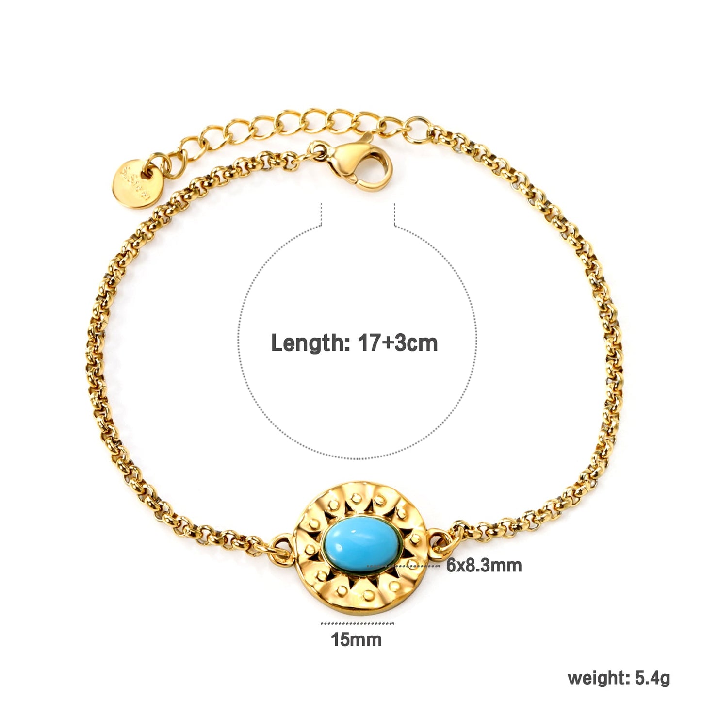 15.5mm Round Cake with 6*8.3mm Oval Bluestone Bracelet 17+3cm Gold color