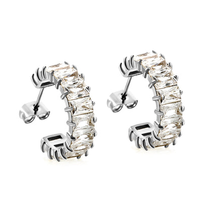 C-Shape with Two Catch Baguette White&Purple&Green&Mixed Diamond Stud Earrings 6.8*21mm