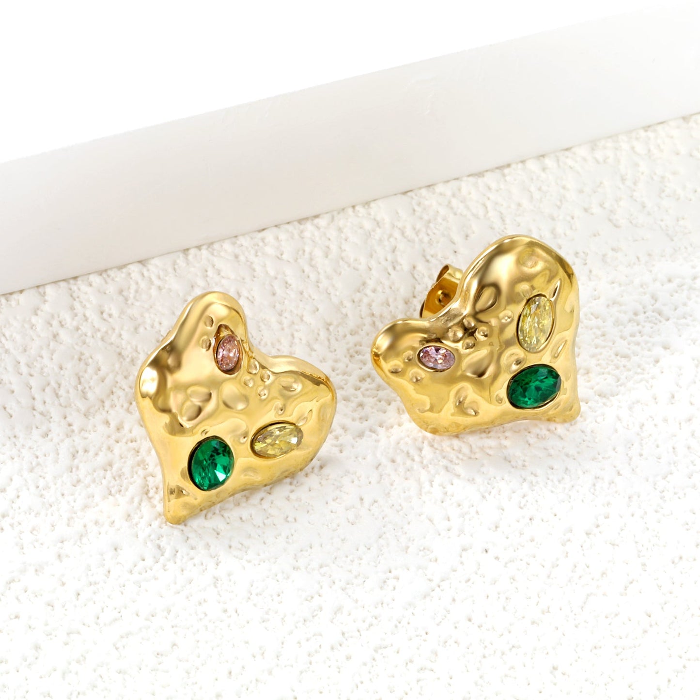 Crooked Heart Mixed Color Diamond Earrings 19.7*20mm Gold Color
