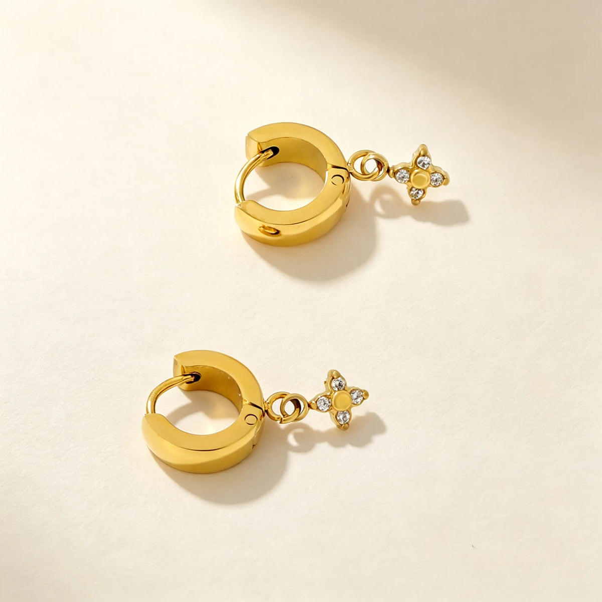 Dainty CZ Charm Huggie Hoop Earrings | 4 Styles | MOQ 12 | 18K Gold Plated Stainless Steel Jewelry Wholesale