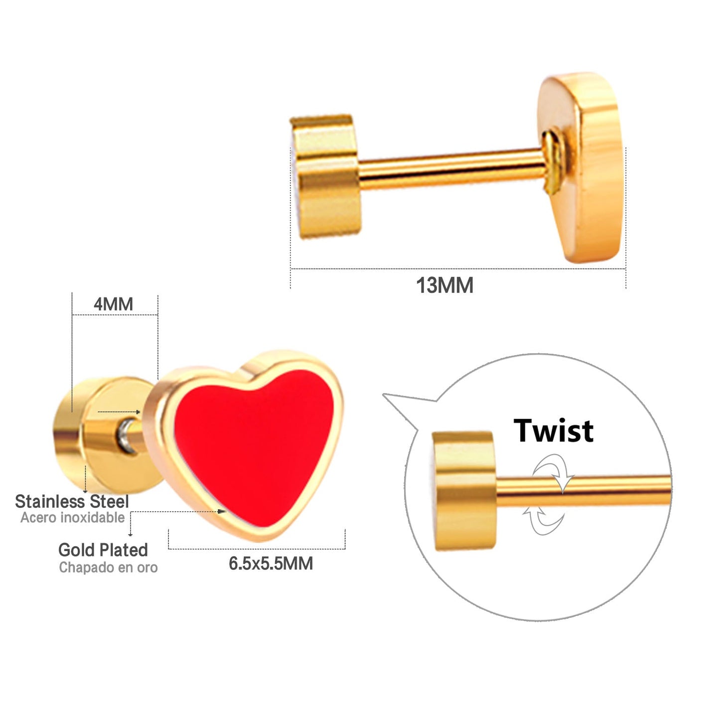 12 pairs 6.5mm*5.5mm Steel / Goldtone Heart Mixed Color Screwback Stud Earrings