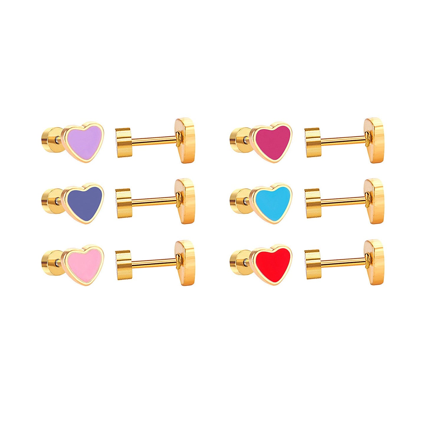 12 pairs 6.5mm*5.5mm Steel / Goldtone Heart Mixed Color Screwback Stud Earrings