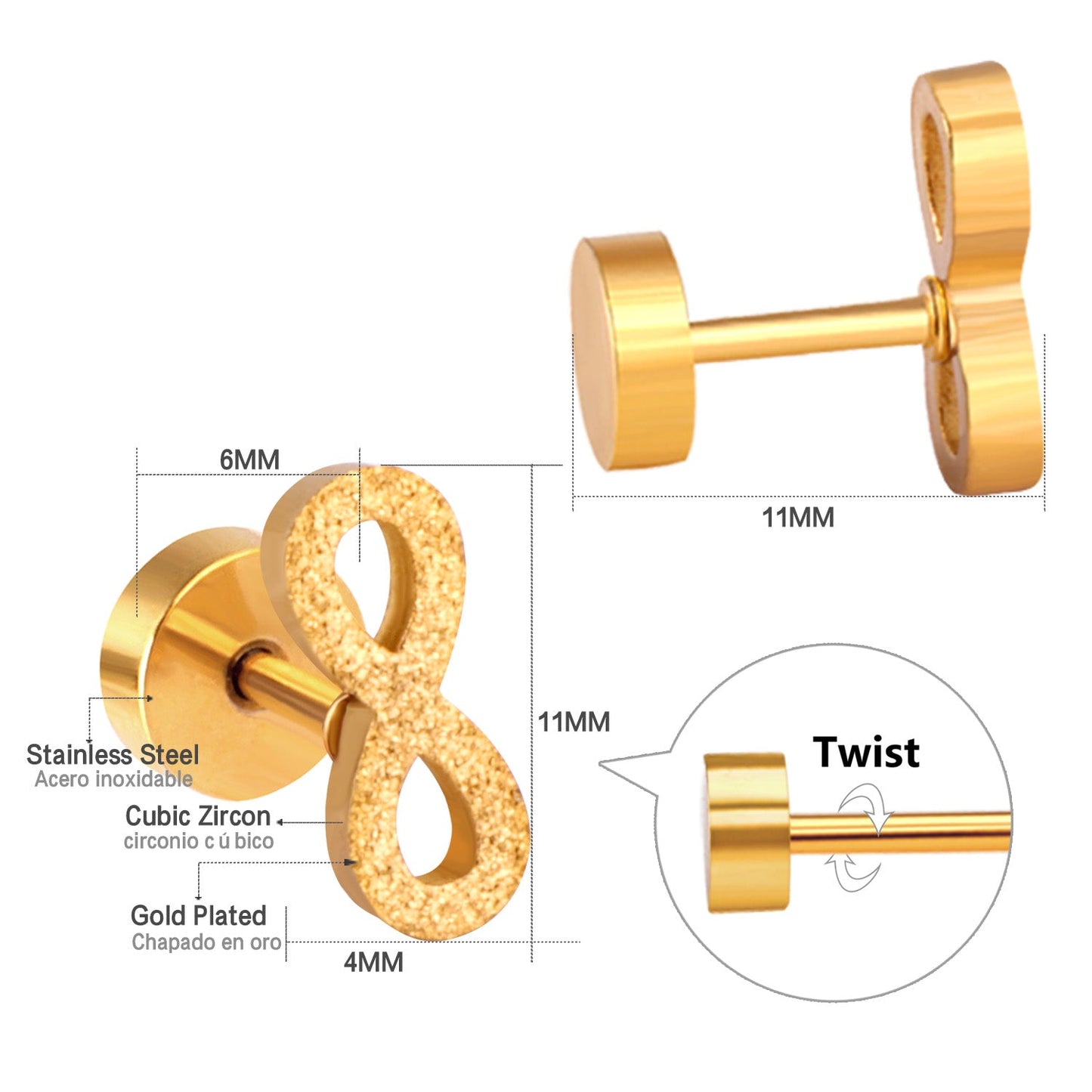 12 pairs Steel/Gold Frosted Screw In Stud Earrings without Diamonds