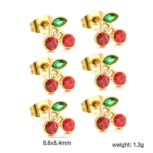 Wholesale Cherry Pattern Zircon Stainless Steel Earrings Set for Women | 18K Gold Plated Stainless Steel Jewelry