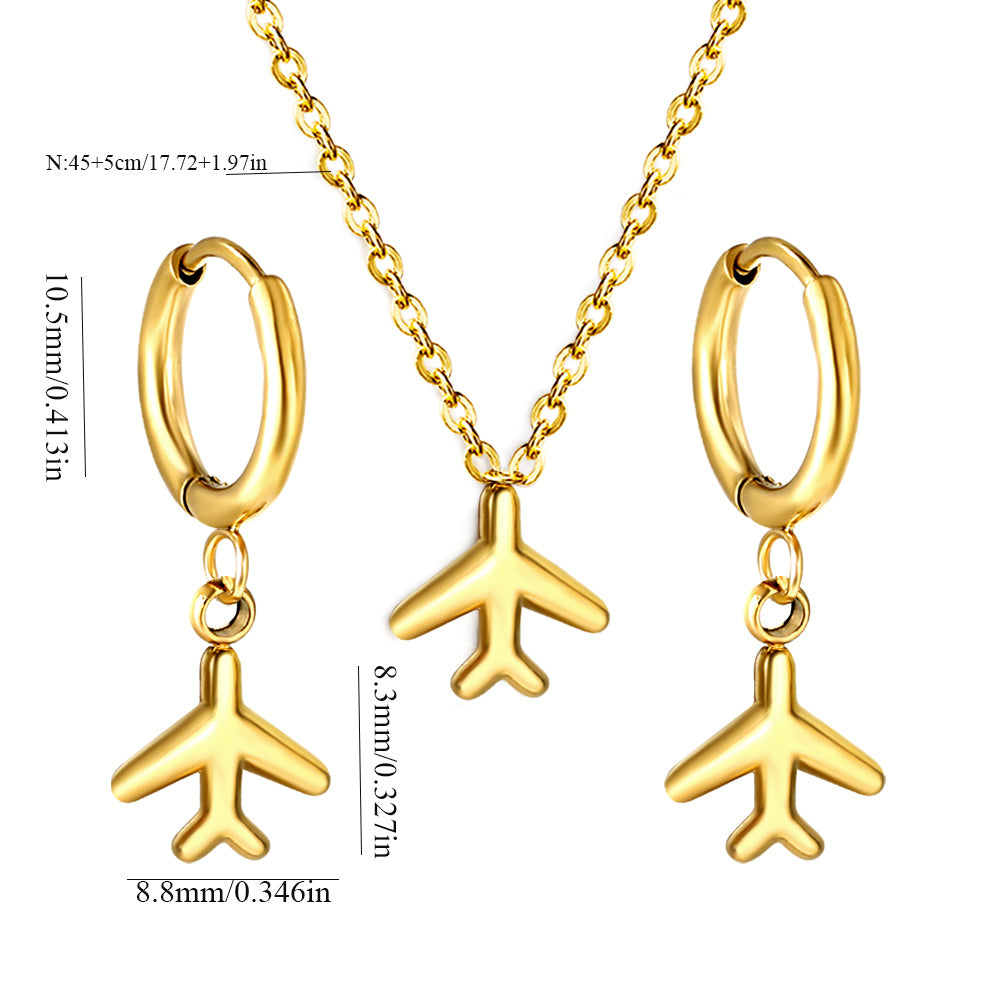 Airplane Pendant Jewelry Set Steel/Gold