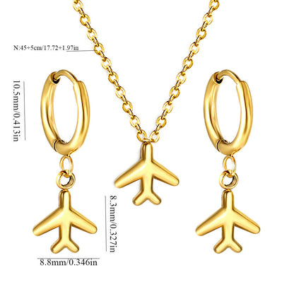 Airplane Pendant Jewelry Set Steel/Gold