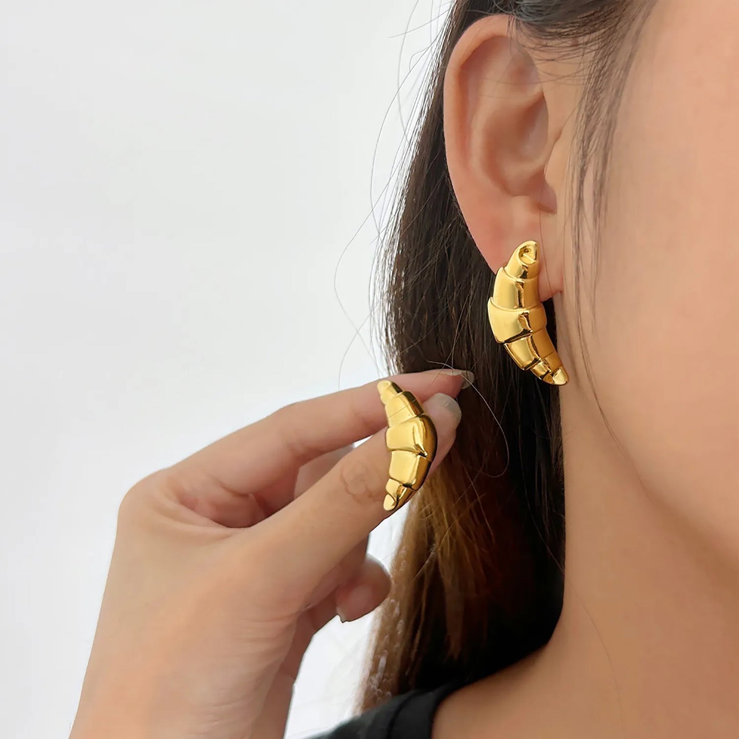 Wholesale Playful 3D Croissant Studs Earrings (Gold/Silver) | 18K Plated Pastry-Shape Earrings | MOQ 12