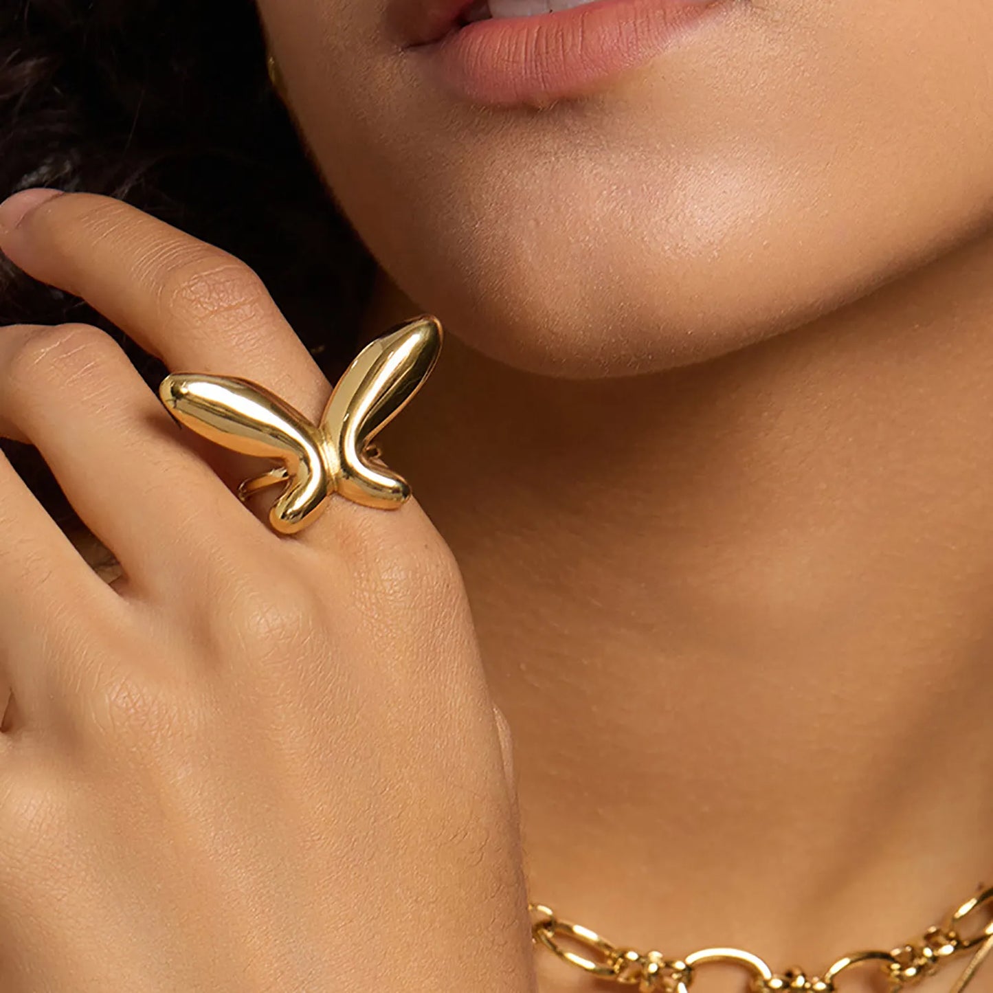 Wholesale Puffy Butterfly Open Ring | 37x23mm Gold/Silver Finish | Adjustable Statement Piece | MOQ 12