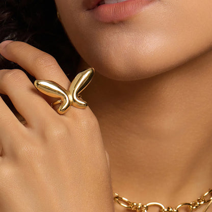 Wholesale Puffy Butterfly Open Ring | 37x23mm Gold/Silver Finish | Adjustable Statement Piece | MOQ 12