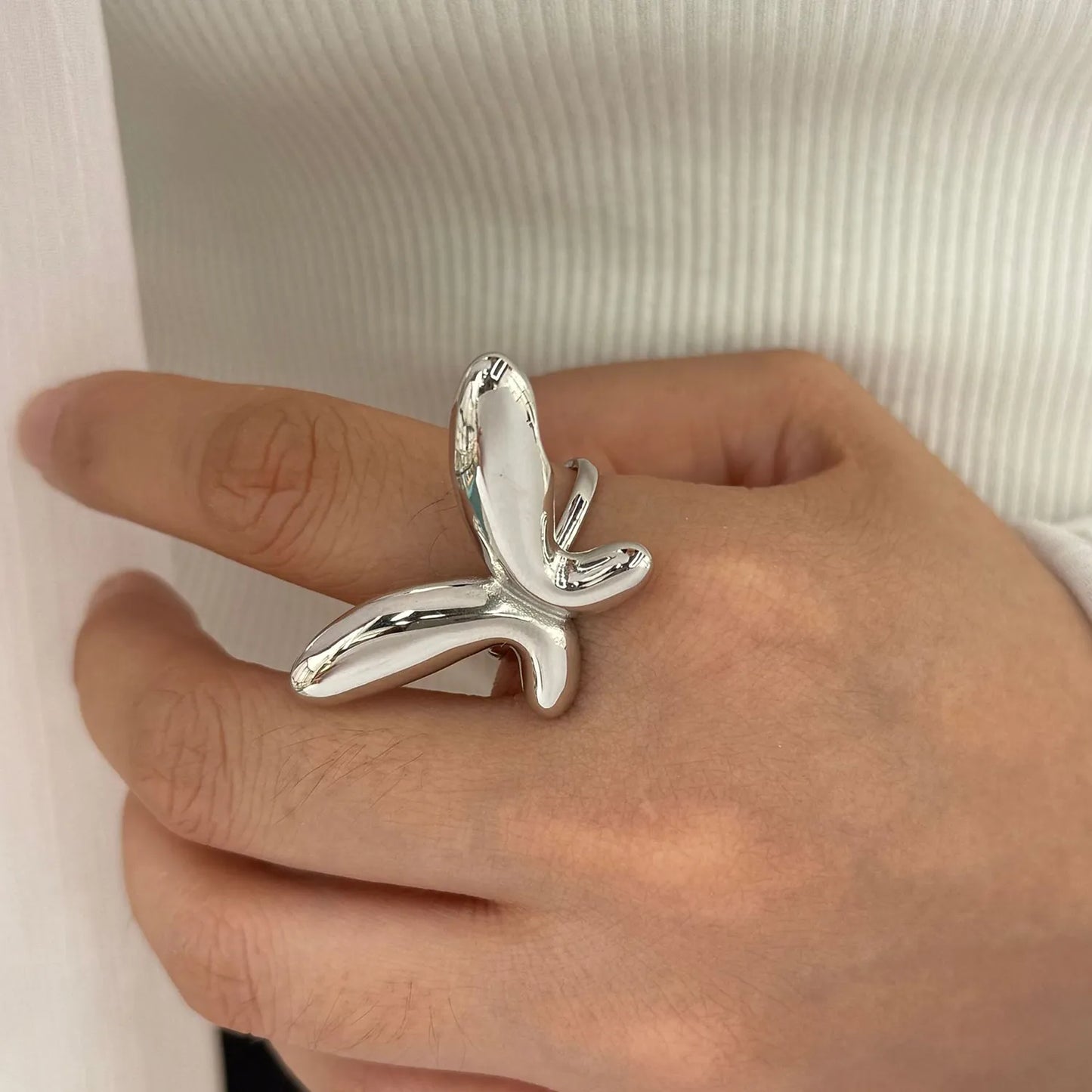 Wholesale Puffy Butterfly Open Ring | 37x23mm Gold/Silver Finish | Adjustable Statement Piece | MOQ 12