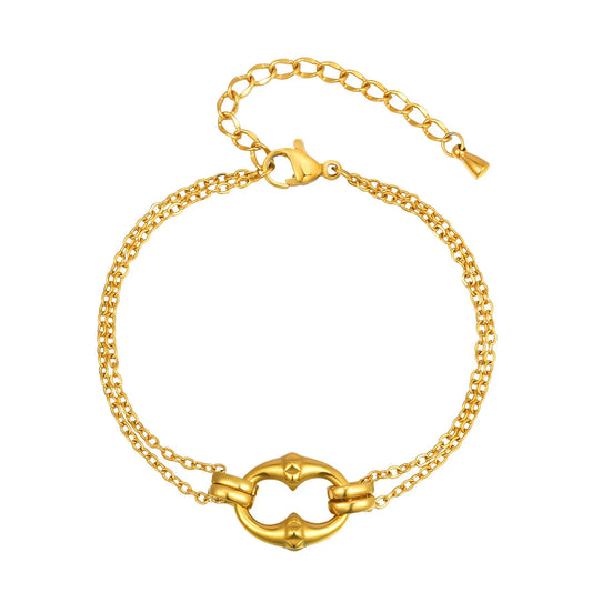 18K Gold Plated Double-Chain Link Bracelet | 16+5cm Adjustable | 13x16mm Statement Closure | Wholesale Bulk (MOQ 12)