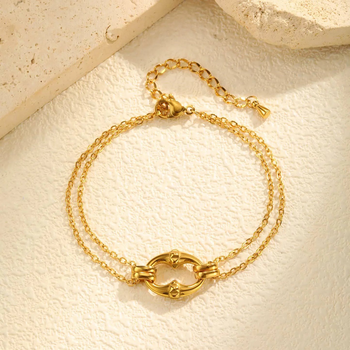 18K Gold Plated Double-Chain Link Bracelet | 16+5cm Adjustable | 13x16mm Statement Closure | Wholesale Bulk (MOQ 12)