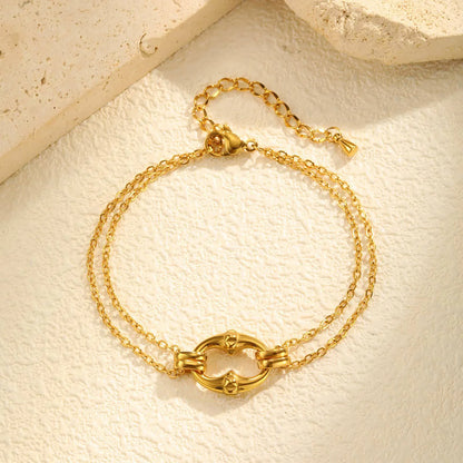 18K Gold Plated Double-Chain Link Bracelet | 16+5cm Adjustable | 13x16mm Statement Closure | Wholesale Bulk (MOQ 12)