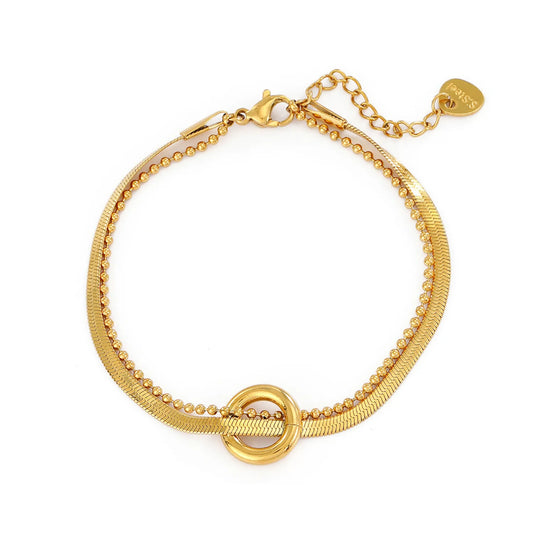Multi-Texture Layered 18K Gold Plated Bracelet | 17+3cm Adjustable | 12.4mm Circle Accent | Wholesale Bulk Order (MOQ 12)