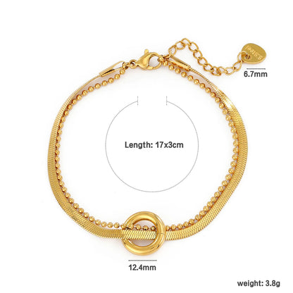 Multi-Texture Layered 18K Gold Plated Bracelet | 17+3cm Adjustable | 12.4mm Circle Accent | Wholesale Bulk Order (MOQ 12)