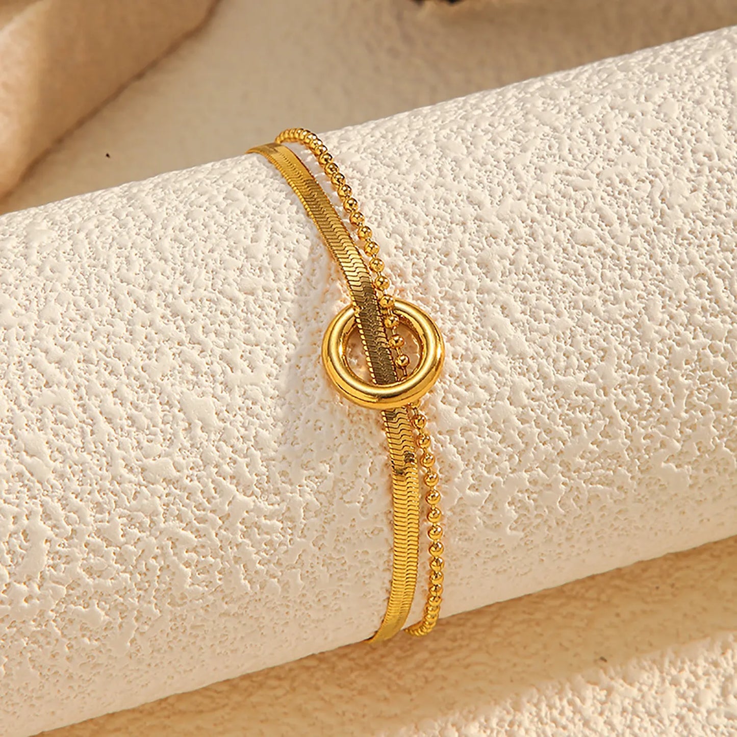 Multi-Texture Layered 18K Gold Plated Bracelet | 17+3cm Adjustable | 12.4mm Circle Accent | Wholesale Bulk Order (MOQ 12)