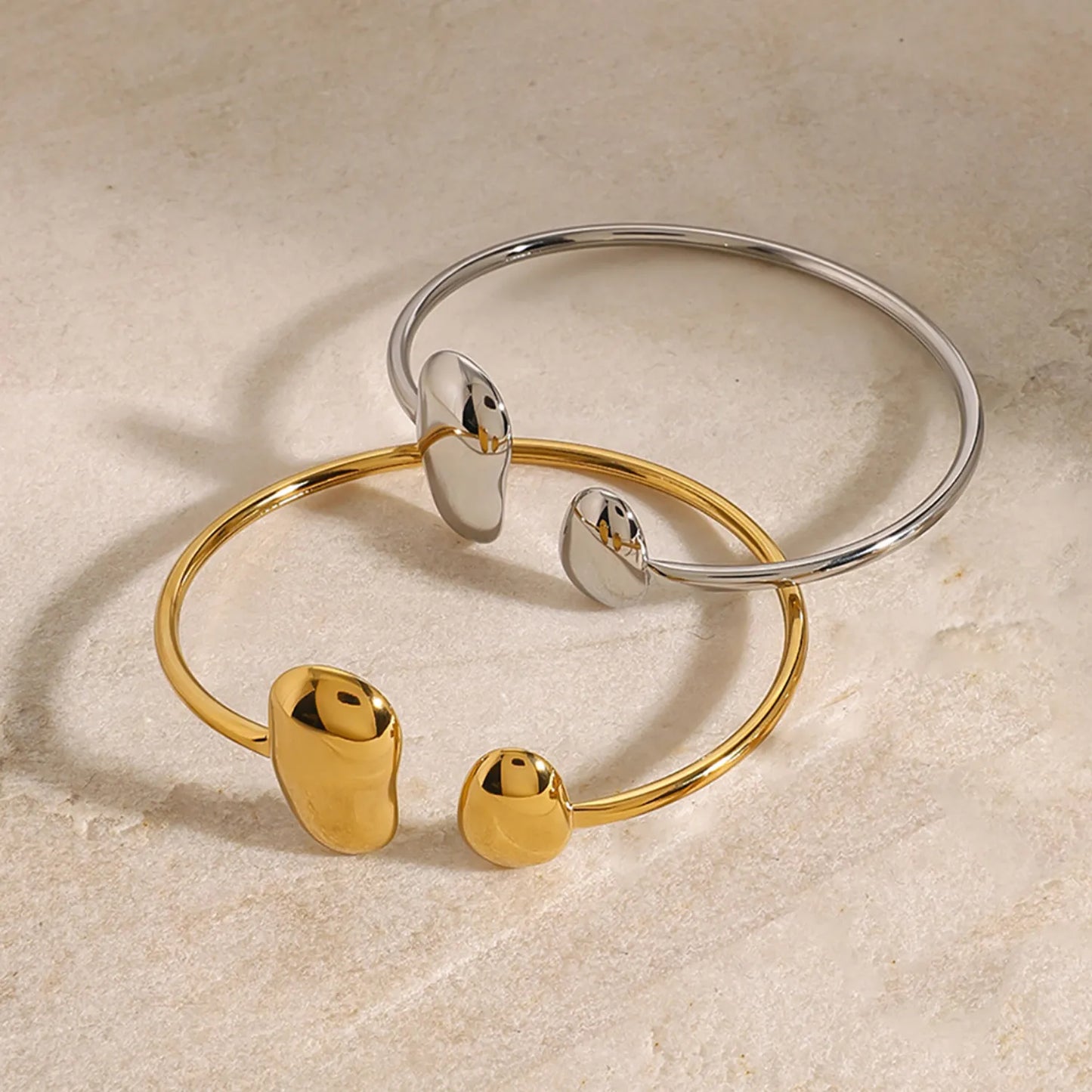 Wholesale Organic Bean Cuff Bracelet (Gold/Silver) | 60cm Open Style | 12.7x21mm & 10.8x14.9mm Textured Ends | MOQ 12