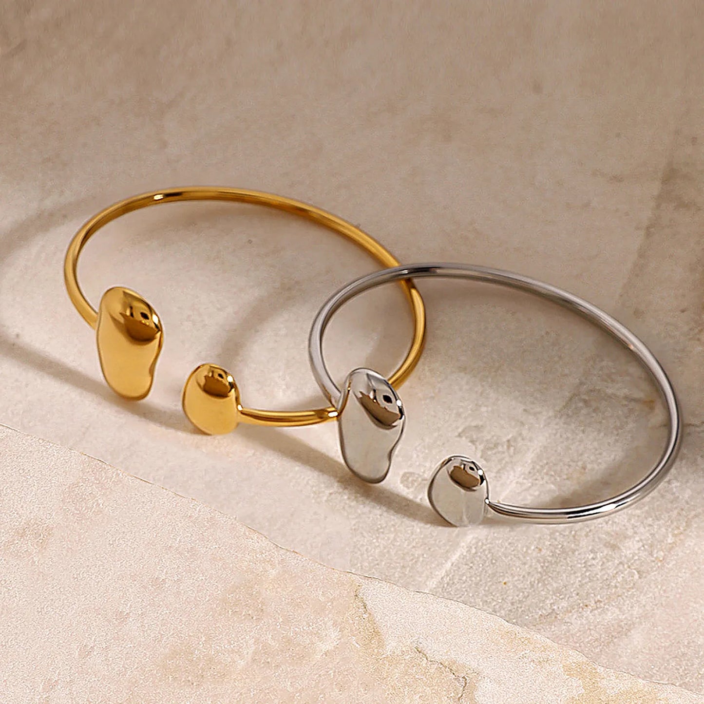 Wholesale Organic Bean Cuff Bracelet (Gold/Silver) | 60cm Open Style | 12.7x21mm & 10.8x14.9mm Textured Ends | MOQ 12
