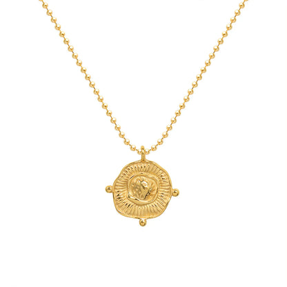 18K Gold Textured Medallion Beaded Necklace | 40+5cm Adjustable | 23x25mm Sunburst Pendant | Wholesale Bulk (MOQ 12)