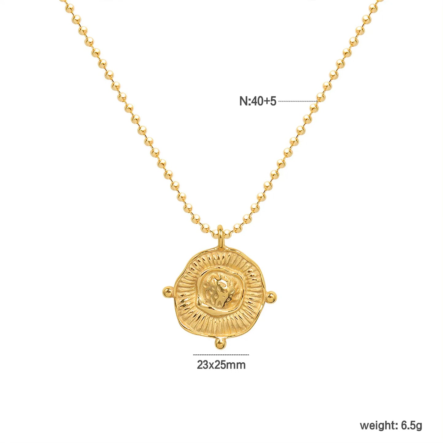18K Gold Textured Medallion Beaded Necklace | 40+5cm Adjustable | 23x25mm Sunburst Pendant | Wholesale Bulk (MOQ 12)