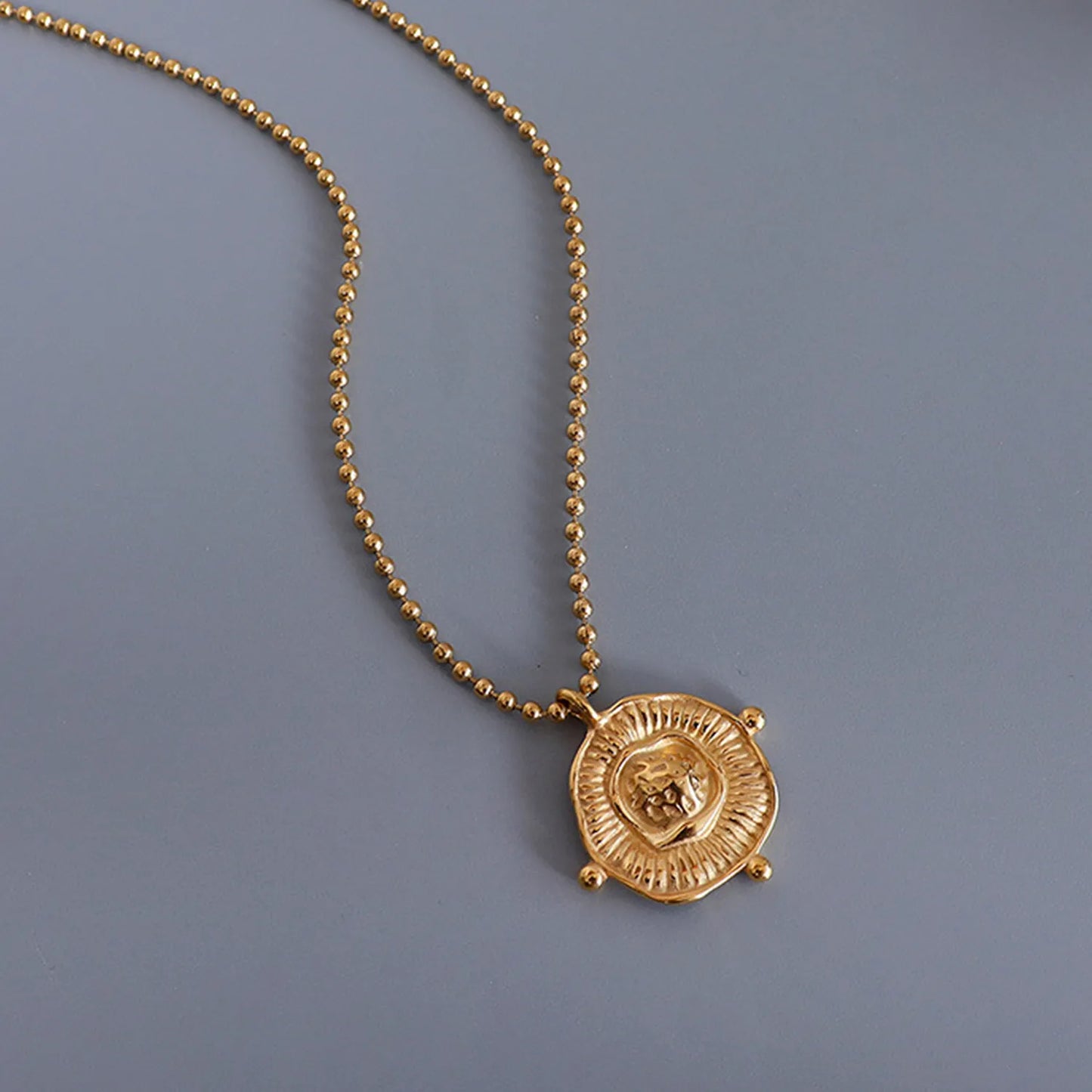 18K Gold Textured Medallion Beaded Necklace | 40+5cm Adjustable | 23x25mm Sunburst Pendant | Wholesale Bulk (MOQ 12)
