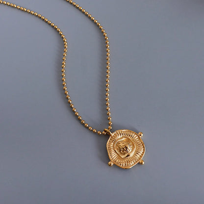 18K Gold Textured Medallion Beaded Necklace | 40+5cm Adjustable | 23x25mm Sunburst Pendant | Wholesale Bulk (MOQ 12)