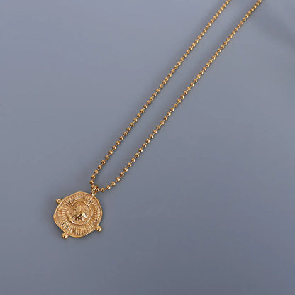 18K Gold Textured Medallion Beaded Necklace | 40+5cm Adjustable | 23x25mm Sunburst Pendant | Wholesale Bulk (MOQ 12)