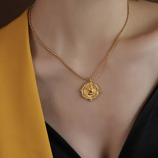 18K Gold Textured Medallion Beaded Necklace | 40+5cm Adjustable | 23x25mm Sunburst Pendant | Wholesale Bulk (MOQ 12)