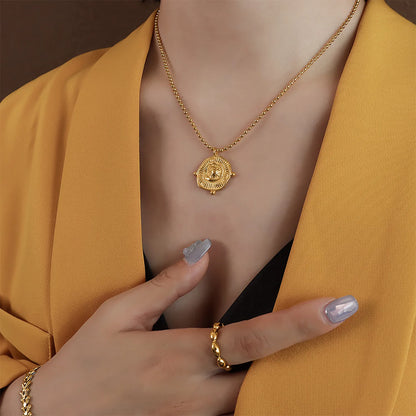 18K Gold Textured Medallion Beaded Necklace | 40+5cm Adjustable | 23x25mm Sunburst Pendant | Wholesale Bulk (MOQ 12)