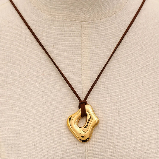 Wholesale Organic Sculptural Pendant Necklace (Gold/Silver) | 120cm Leather Cord | 34x41mm Open-Frame Design | MOQ 12