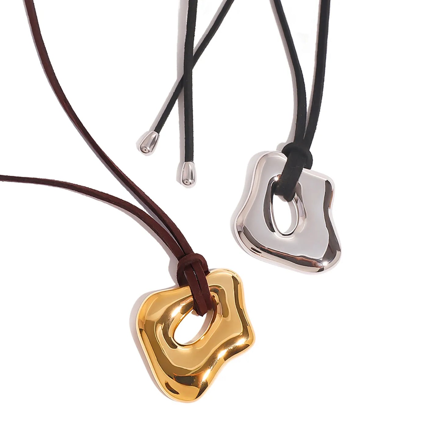 Wholesale Organic Sculptural Pendant Necklace (Gold/Silver) | 120cm Leather Cord | 34x41mm Open-Frame Design | MOQ 12
