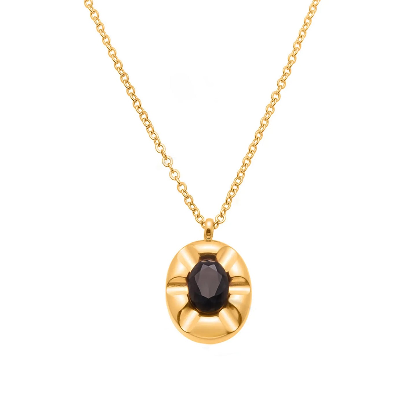 18K Gold Oval Gem Pendant Necklace | 40+5cm Adjustable Chain | 10.4x13.2mm Black Stone Accent | Wholesale Bulk (MOQ 12)