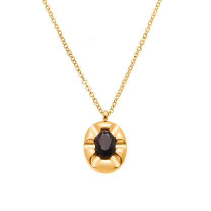 18K Gold Oval Gem Pendant Necklace | 40+5cm Adjustable Chain | 10.4x13.2mm Black Stone Accent | Wholesale Bulk (MOQ 12)