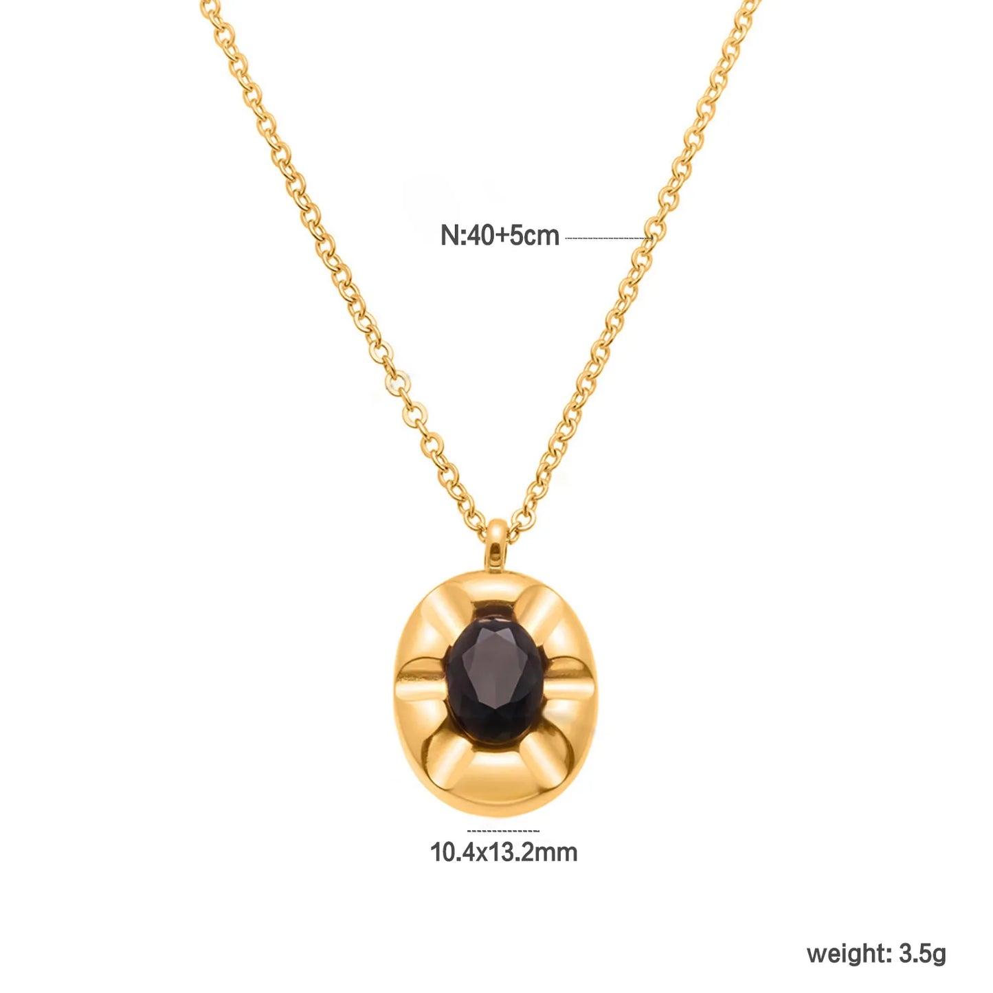 18K Gold Oval Gem Pendant Necklace | 40+5cm Adjustable Chain | 10.4x13.2mm Black Stone Accent | Wholesale Bulk (MOQ 12)