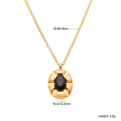 18K Gold Oval Gem Pendant Necklace | 40+5cm Adjustable Chain | 10.4x13.2mm Black Stone Accent | Wholesale Bulk (MOQ 12)