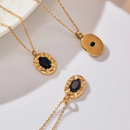 18K Gold Oval Gem Pendant Necklace | 40+5cm Adjustable Chain | 10.4x13.2mm Black Stone Accent | Wholesale Bulk (MOQ 12)