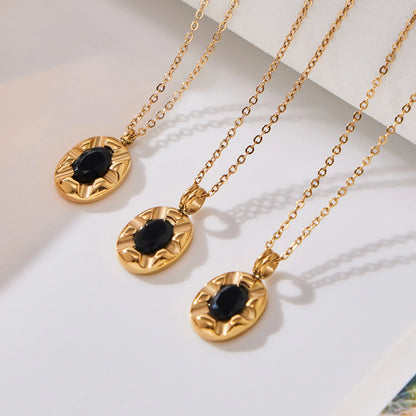 18K Gold Oval Gem Pendant Necklace | 40+5cm Adjustable Chain | 10.4x13.2mm Black Stone Accent | Wholesale Bulk (MOQ 12)