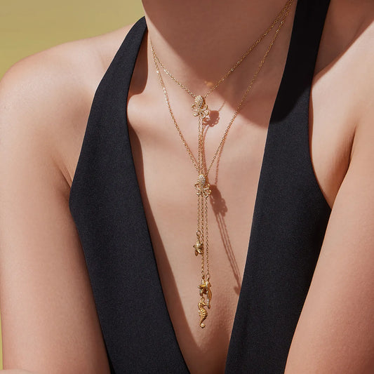 18K Gold Ocean-Themed Layered Pendant Necklace | 55+5cm Adjustable Chain | Octopus/Starfish/Seahorse Charms | Wholesale Bulk (MOQ 12)