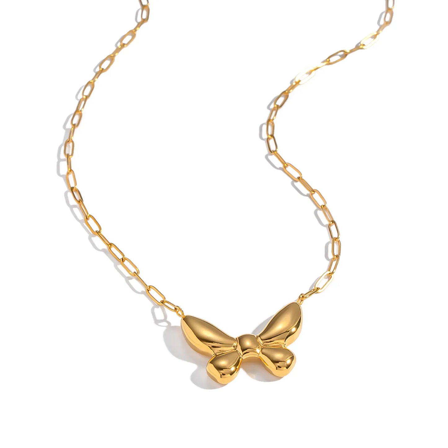 18K Gold Puffy Bow Link Necklace | 42+5cm Adjustable Chain | 27x20mm 3D Bow Pendant | Wholesale Bulk (MOQ 12)