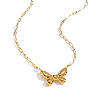 18K Gold Puffy Bow Link Necklace | 42+5cm Adjustable Chain | 27x20mm 3D Bow Pendant | Wholesale Bulk (MOQ 12)