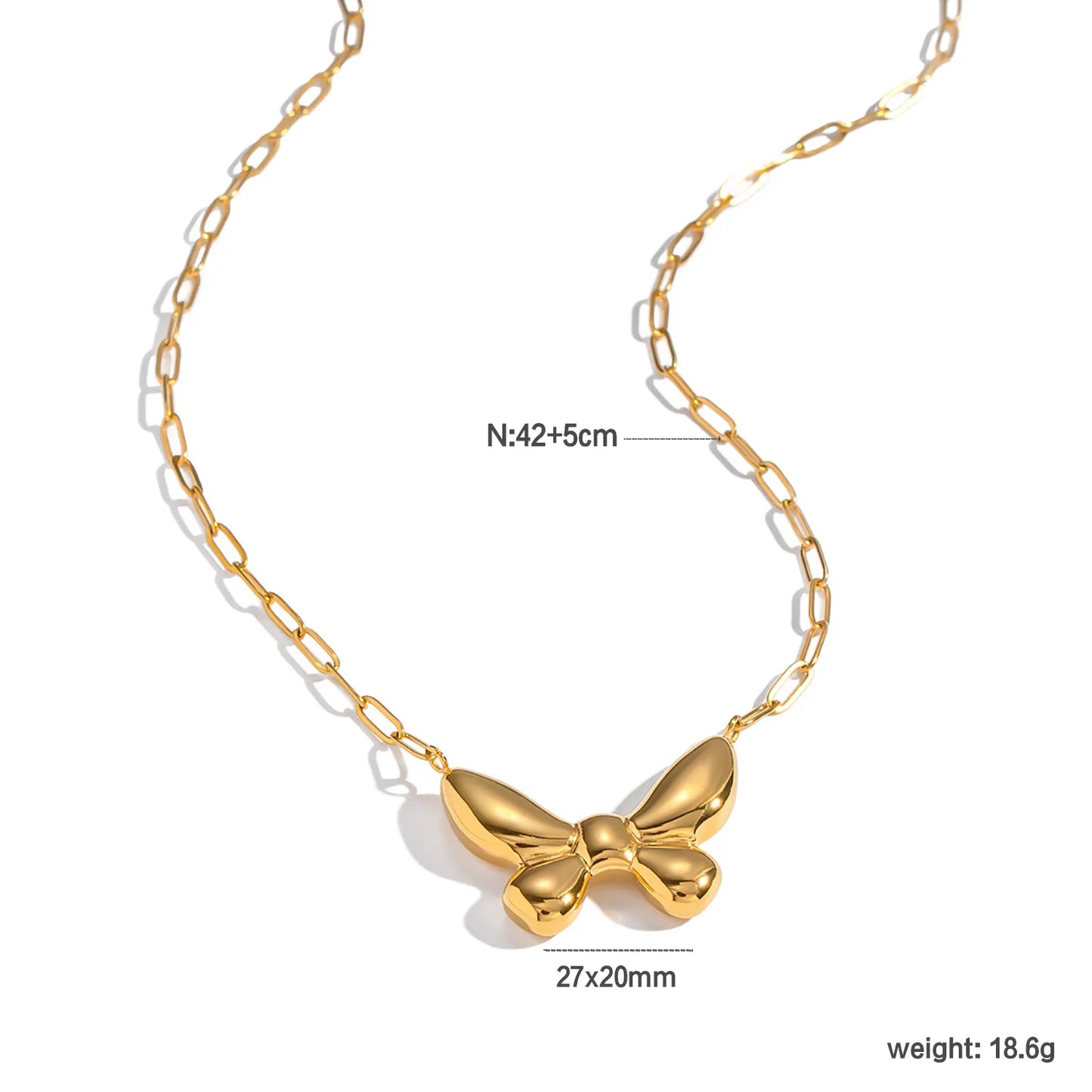 18K Gold Puffy Bow Link Necklace | 42+5cm Adjustable Chain | 27x20mm 3D Bow Pendant | Wholesale Bulk (MOQ 12)
