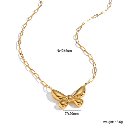18K Gold Puffy Bow Link Necklace | 42+5cm Adjustable Chain | 27x20mm 3D Bow Pendant | Wholesale Bulk (MOQ 12)