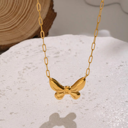 18K Gold Puffy Bow Link Necklace | 42+5cm Adjustable Chain | 27x20mm 3D Bow Pendant | Wholesale Bulk (MOQ 12)